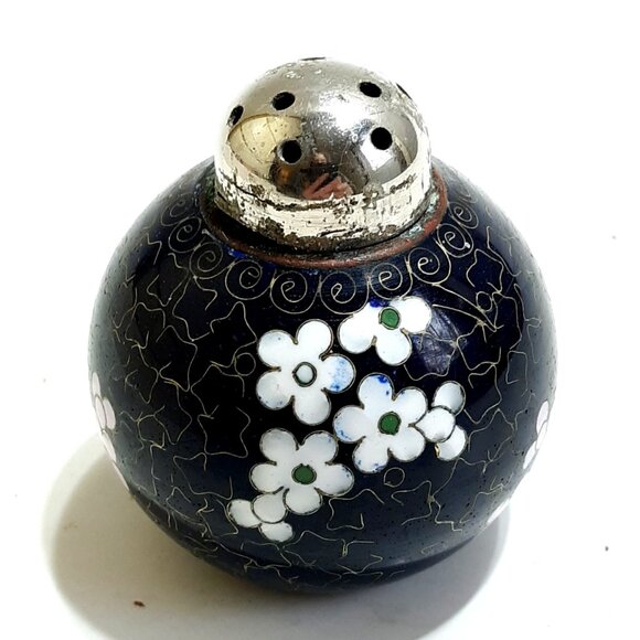 Chinese Cloisonne Salt  Vintage Enamel Brass Floral Black Blossoms  Pink - Picture 3 of 7